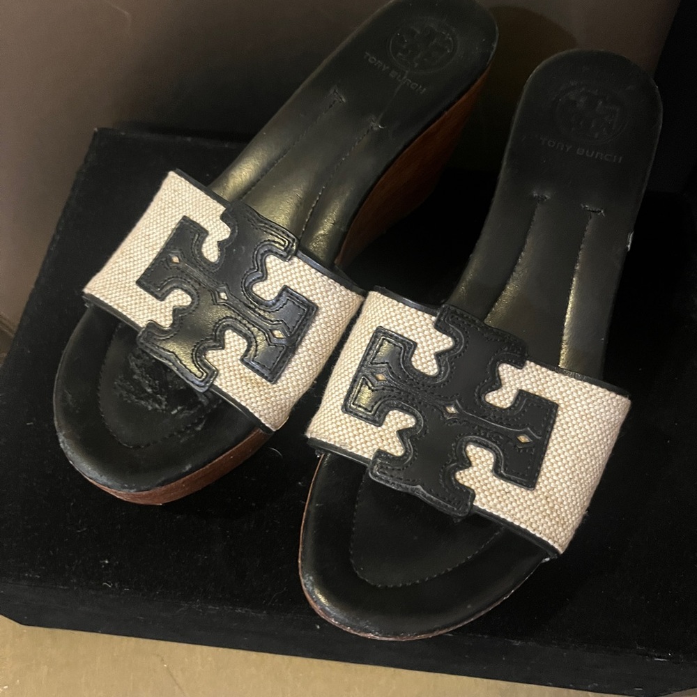 Tory Burch Black and Tan Mules